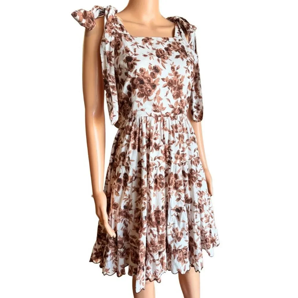 Mille Kiara Dress Small Brown Floral Tie Shoulder Tiered Ruffle Square Neck Boho - Picture 6 of 9
